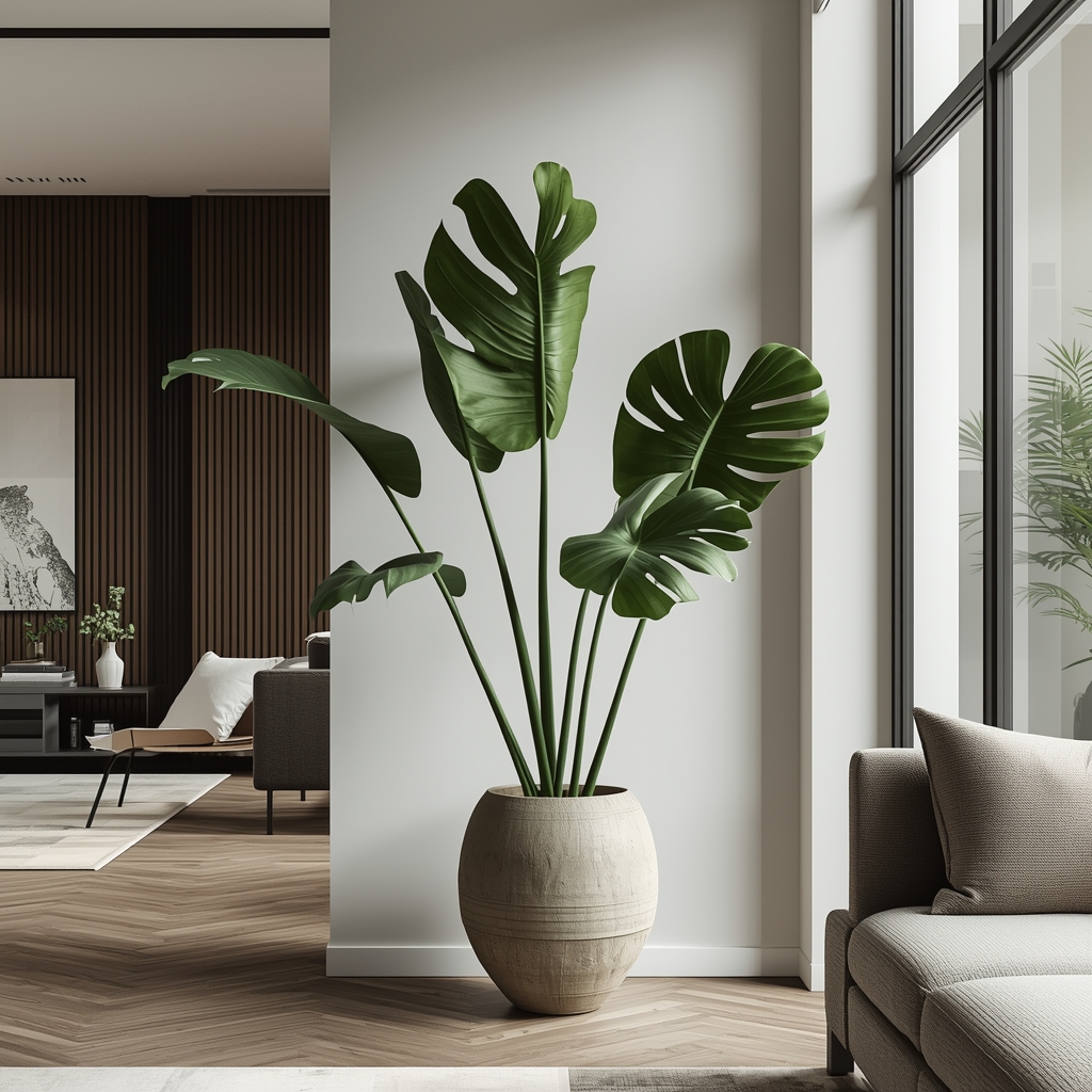 A beautifully designed modern living room interior with a massive Monstera plant in a stylish ceramic pot, minimalist decor, natural lighting, high-end architectural photography - Nano Banana2